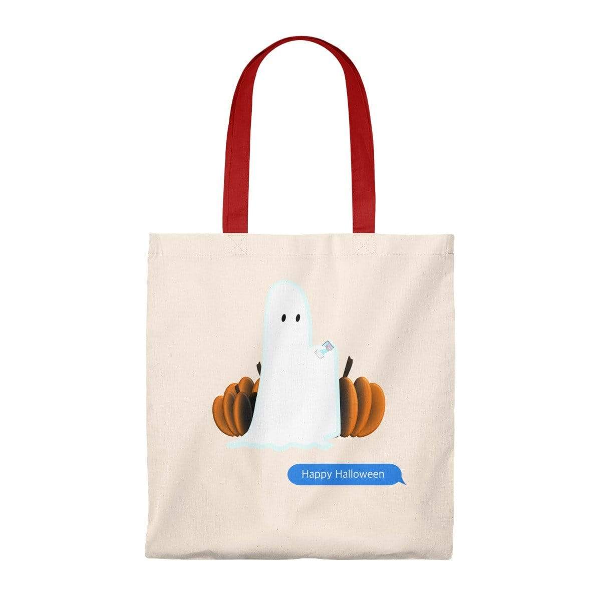 Printify Bags Natural/Red / Small Funny Halloween Ghost on the Phone Vintage Tote Bag