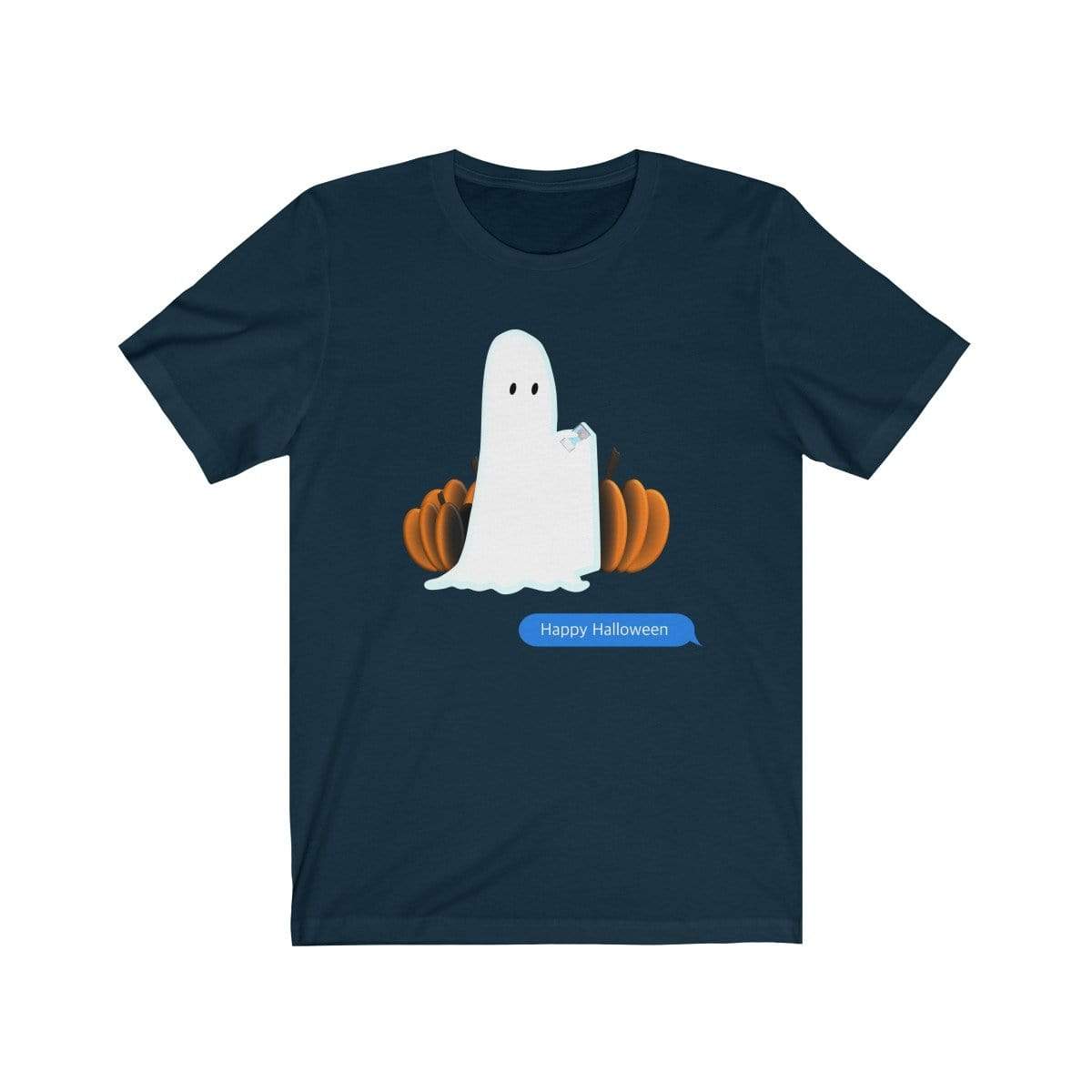 Printify T-Shirt Navy / S Funny Halloween Ghost on The Phone T-Shirt