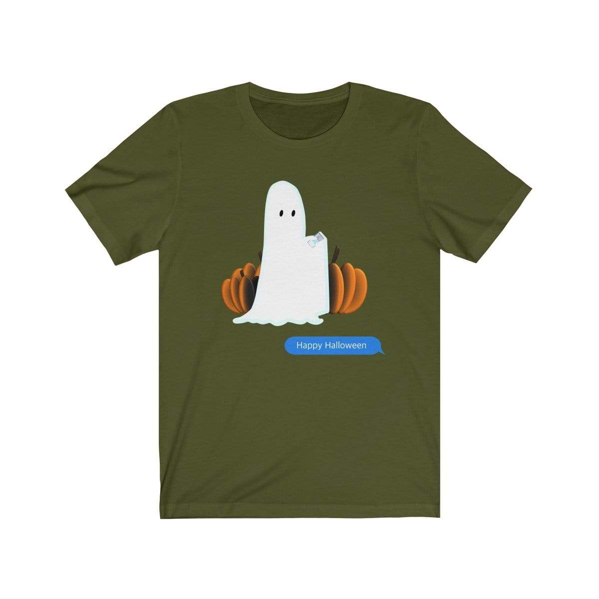Printify T-Shirt Olive / S Funny Halloween Ghost on The Phone T-Shirt