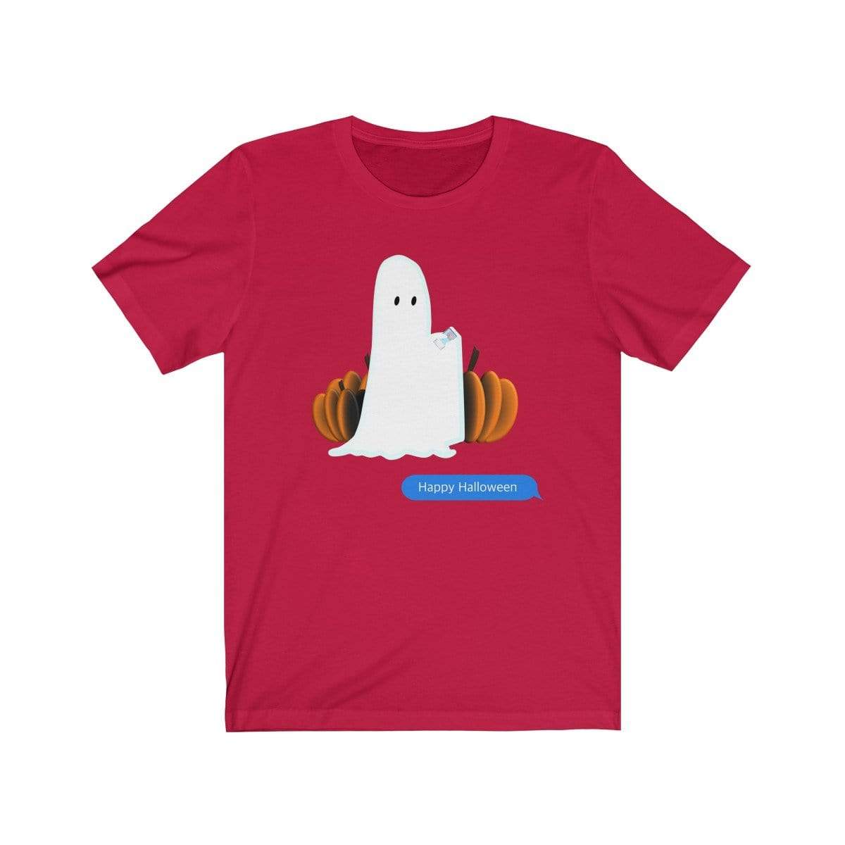 Printify T-Shirt Red / S Funny Halloween Ghost on The Phone T-Shirt