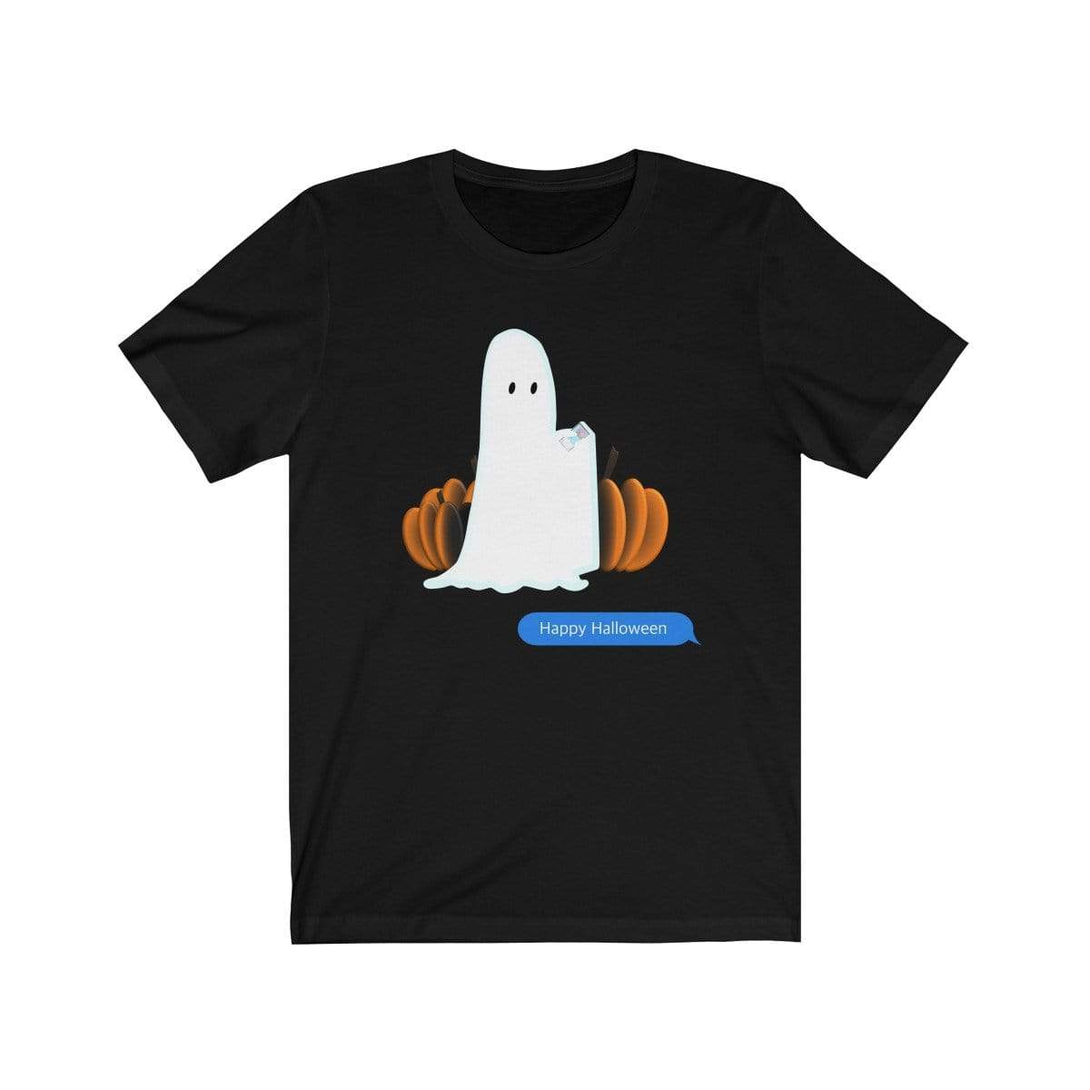 Printify T-Shirt Solid Black Blend / S Funny Halloween Ghost on The Phone T-Shirt