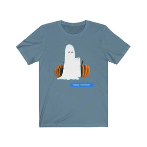 Printify T-Shirt Steel Blue / S Funny Halloween Ghost on The Phone T-Shirt